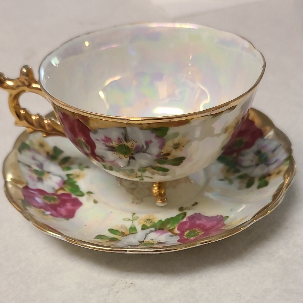 Floral Teacup and Saucer with Gold Accents